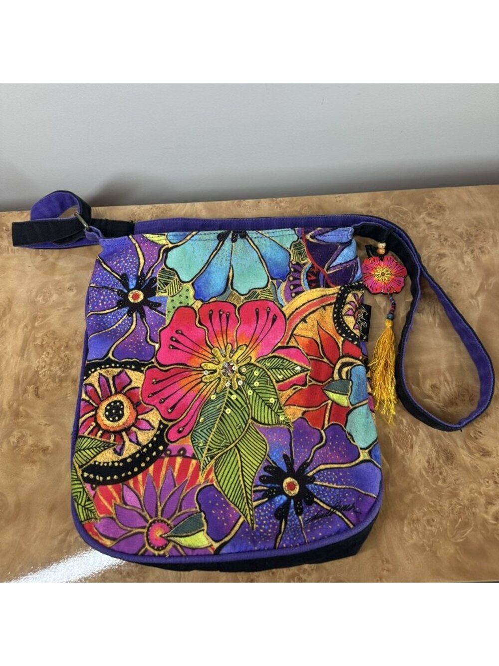 Laurel Burch Colorful Floral Canvas Crossbody Bag Purple Tassel Art to Wear